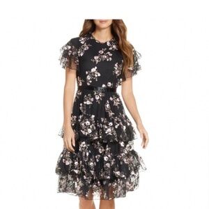 Rachel Parcell Embroidered Tiered Mesh Dress / Black with Flowers - Small